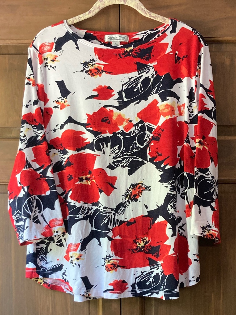 Coldwater Creek Red & Black Floral Print 3/4 Sleeve Top XL